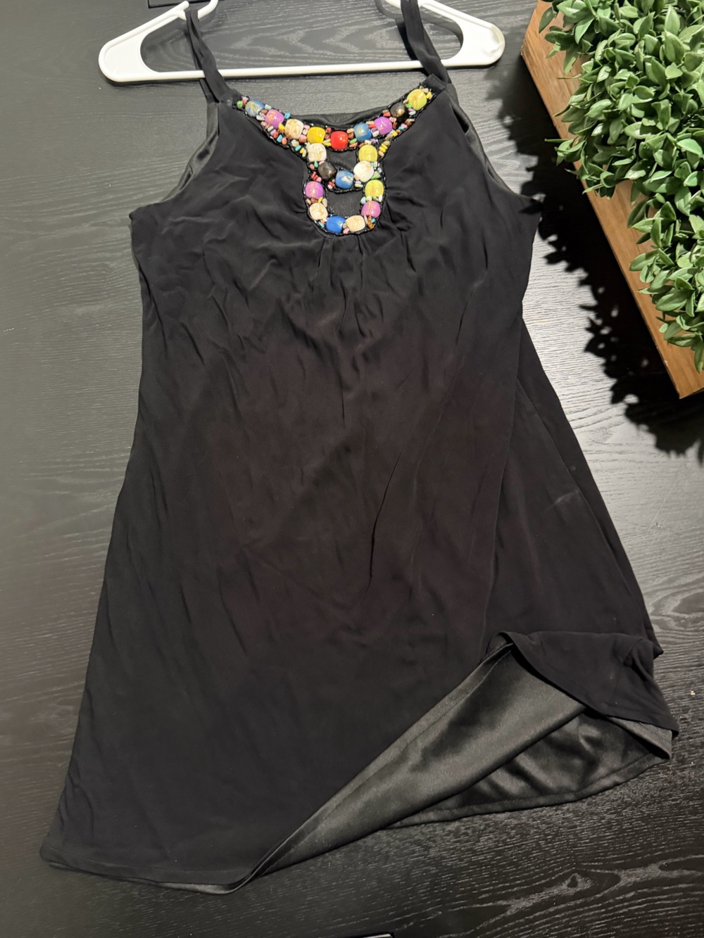 Lily Black Mini Dress with Multicolor Jeweled Y-Neckline